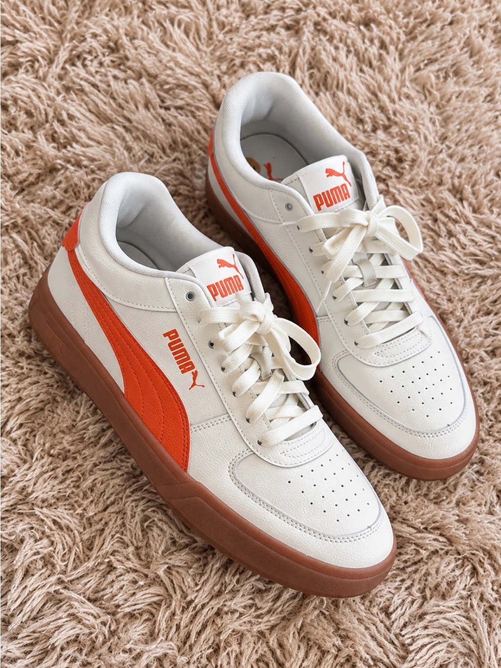 Puma Men’s White & Orange Low-Top Sneakers with Gum Sole